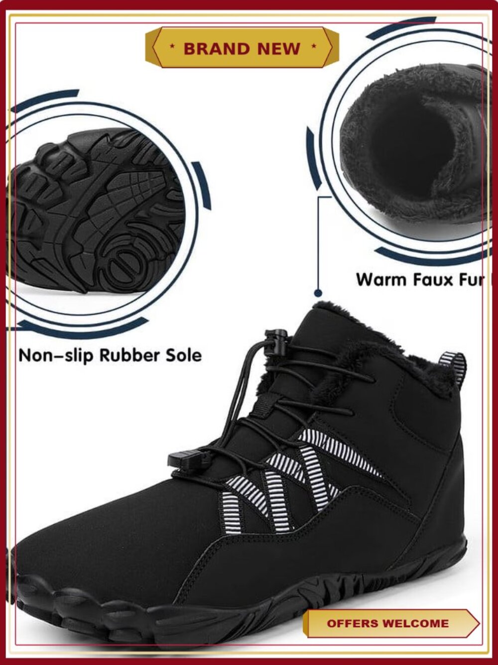 Wide Toe Box Winter Boots Waterproof Barefoot Hiking Snow Shoes - Picture 4 of 6